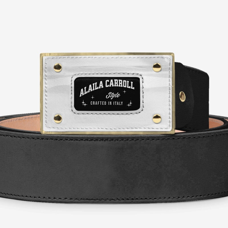Luxury Italian leather buckle belt in black, white, and gold

Designer belt with square gold logo buckle by Alaila Carroll Style

Premium unisex luxury leather belt with contrast design