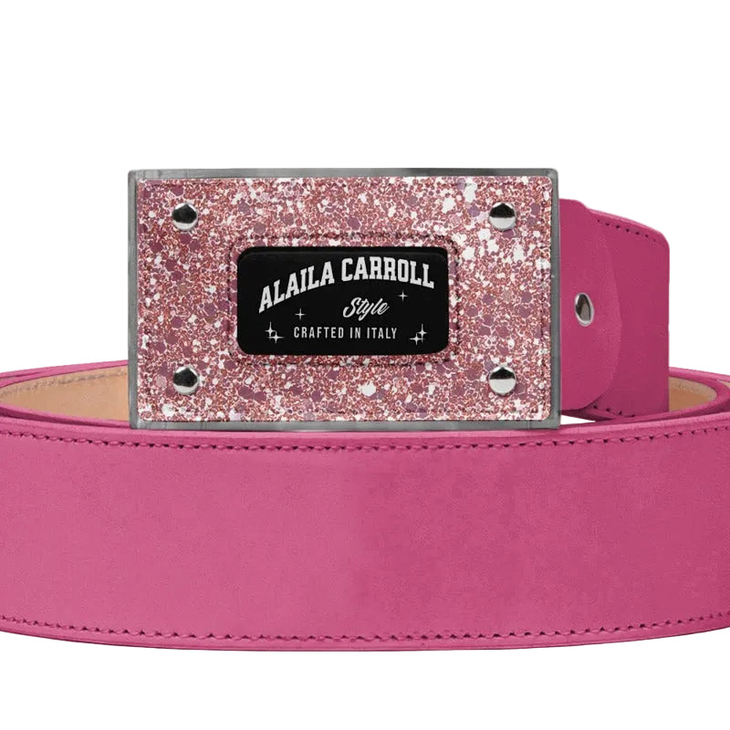 Luxury pink and silver Italian leather buckle belt

Designer belt with square silver logo buckle by Alaila Carroll Style

Premium unisex luxury leather belt in pink