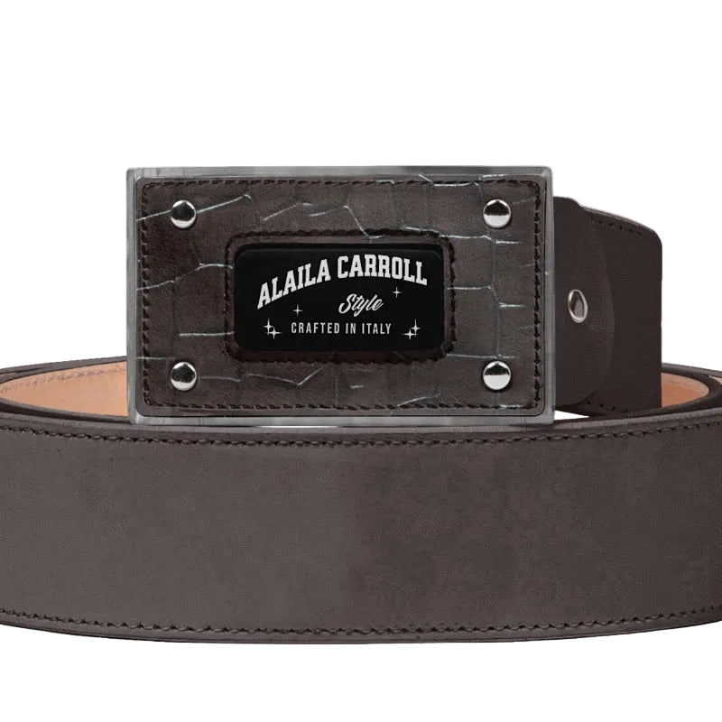 Luxury Italian leather buckle belt in tabacco croc

Designer croc-embossed belt with square logo buckle

Premium unisex luxury belt by Alaila Carroll Style