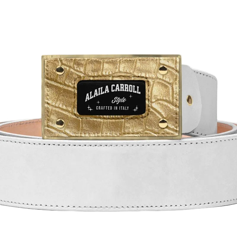 Luxury white and gold Italian leather buckle belt

Designer belt with square gold logo buckle by Alaila Carroll Style

Premium unisex luxury leather belt in white