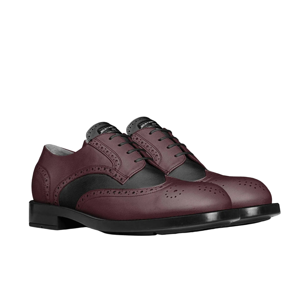 Luxury Italian leather pair of maroon wine and black dress shoes on a white background by Alaila Carroll Style