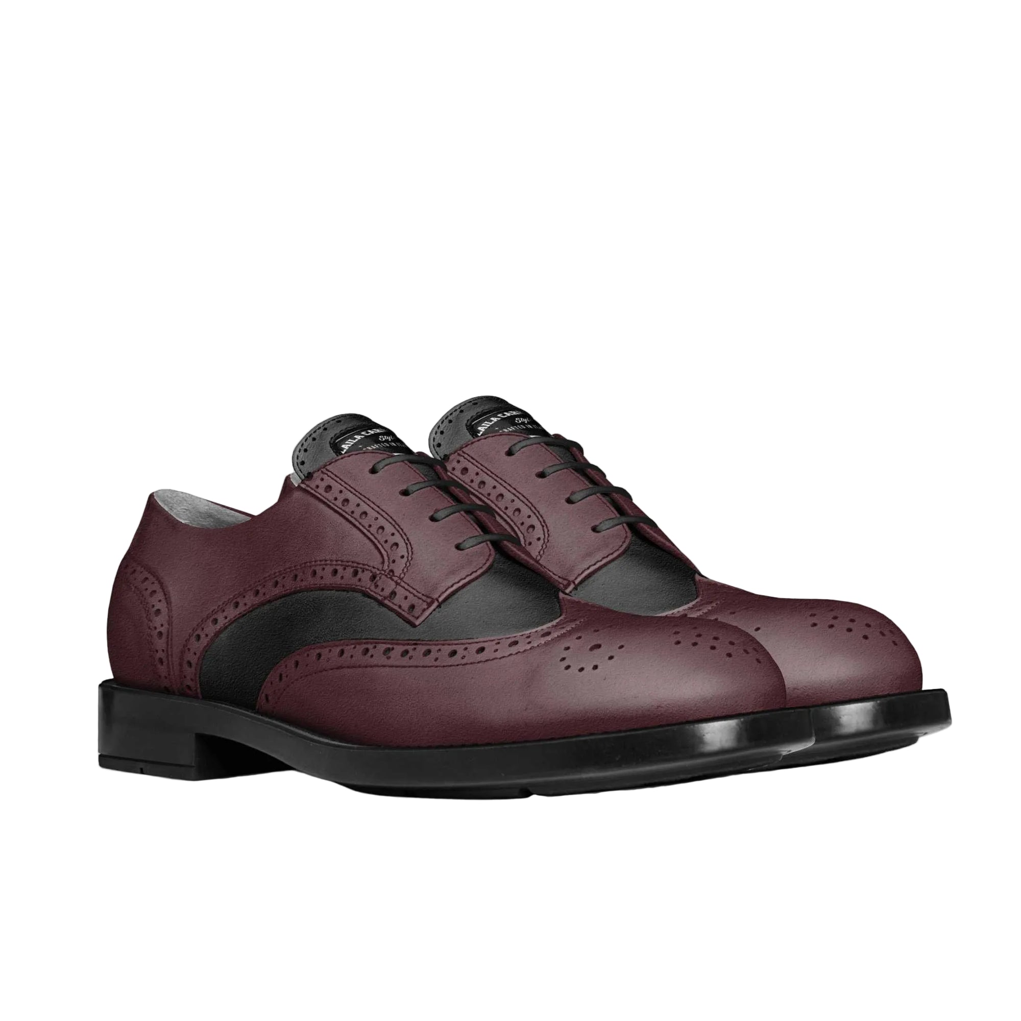 Luxury Italian leather pair of maroon wine and black dress shoes on a white background by Alaila Carroll Style