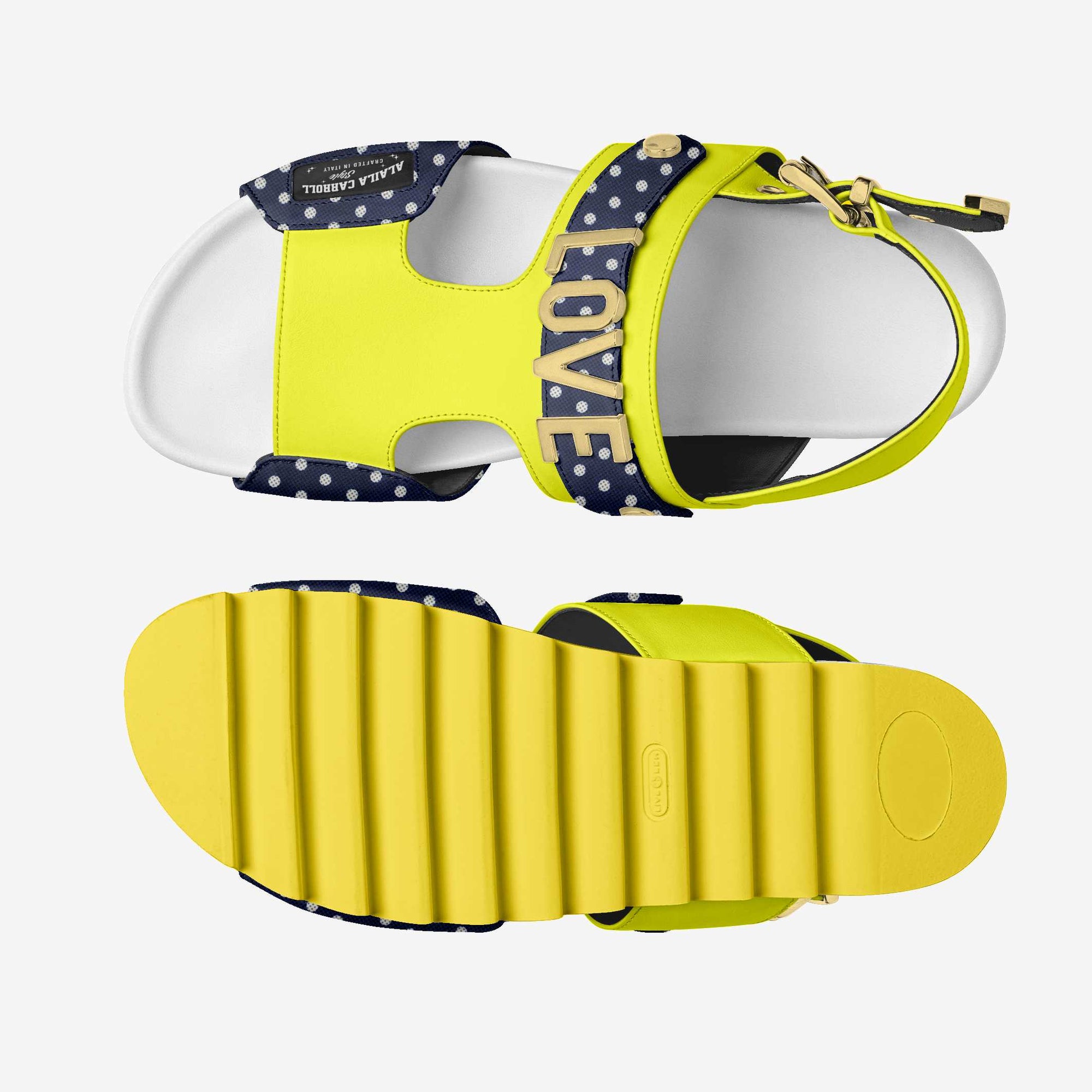 Yellow sandal with a blue strap labeled 'LOVE' on a white background