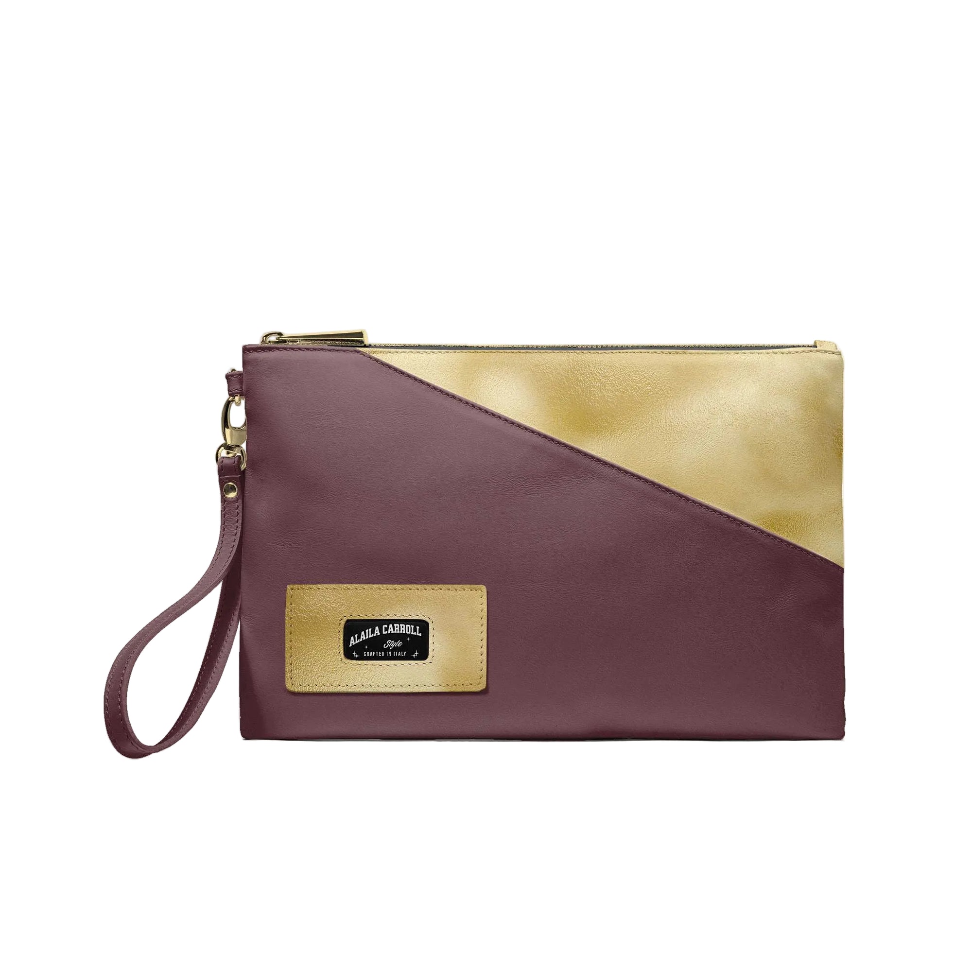 Luxury multiuse designer small bag in gold and wine with embossed logo

Rectangular luxury bag with geometric detail and metal zipper by Alaila Carroll Style

Slim designer clutch with eco leather interior and rich color contrast