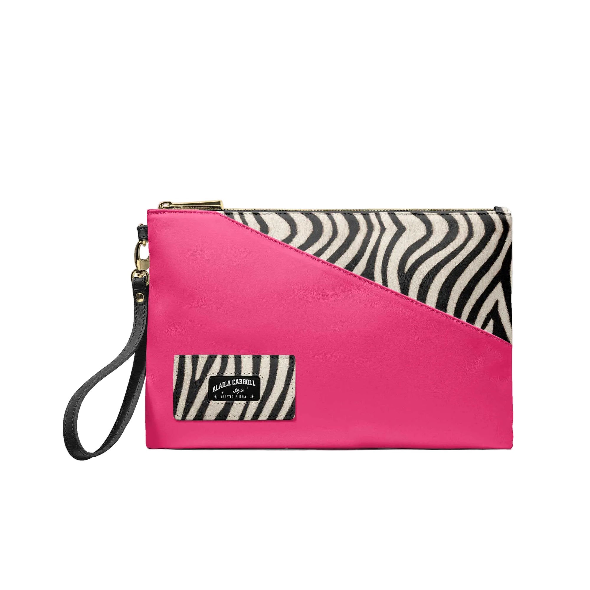 Luxury multiuse designer small bag in pink and zebra with embossed logo

Rectangular luxury bag with geometric detail and metal zipper by Alaila Carroll Style

Slim designer clutch bag with eco leather interior and zebra pattern
