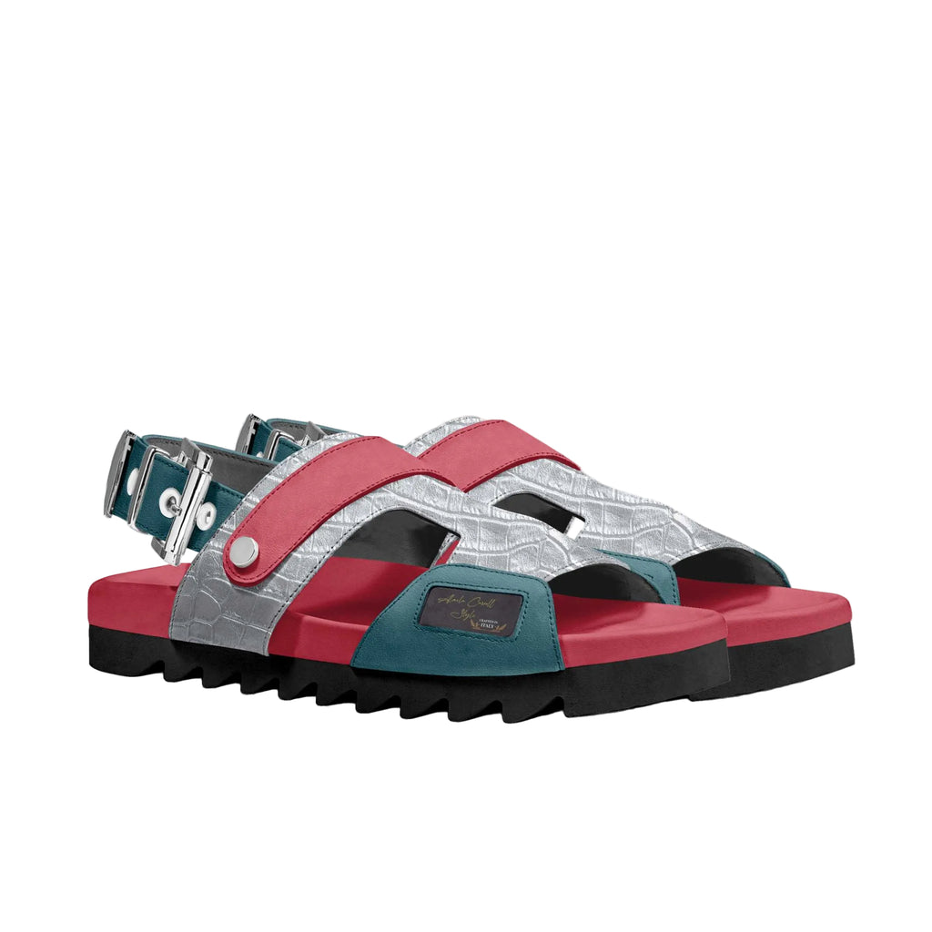 Bold metal-accent sandal in blue, silver, and red with ankle buckle, notched EVA sole, and Alaila Carroll Style logo for stylish comfort.

luxury metal sandals, blue silver red sandals, designer rugged sandals, EVA sole sandals, Alaila Carroll Style sandals, statement footwear