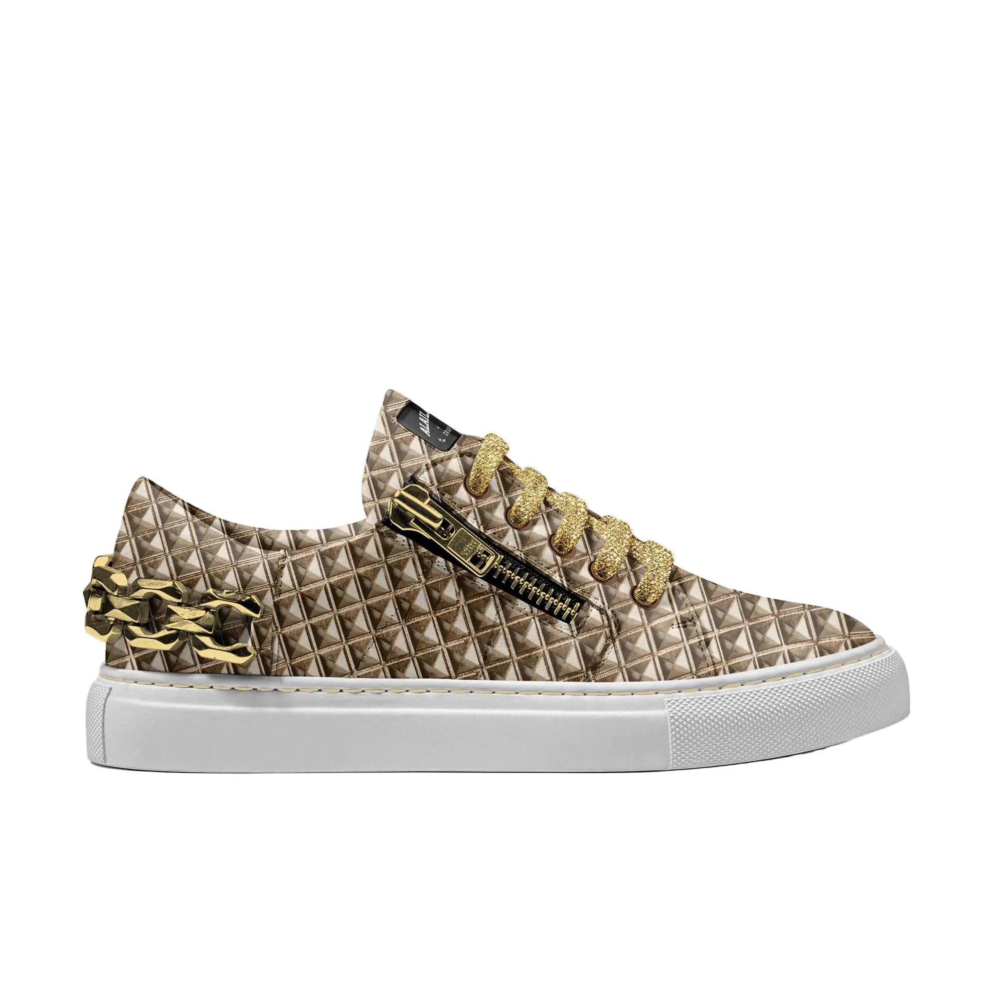 Metal urban low top gold pyramid sneaker

Luxury Italian low-top sneakers with metallic details

Big size fashion sneakers by Alaila Carroll Style