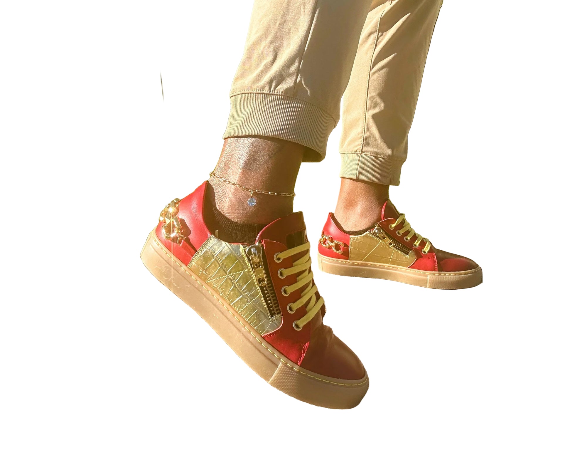 Limited-edition red and gold sneaker handcrafted in Italy with metallic zip and chain, extra Limited Edition designer sneaker

Official Limited Edition Certificate with unique code (#MD3920)

Red & gold urban low-top design

Metallic accents with side zip and rear chain

Smooth premium Italian materials

Ergonomic extra-light rubber sole

Handcrafted in Italy by master artisans

Protected Alaila Carroll Style design

One-of-a-kind luxury footwear