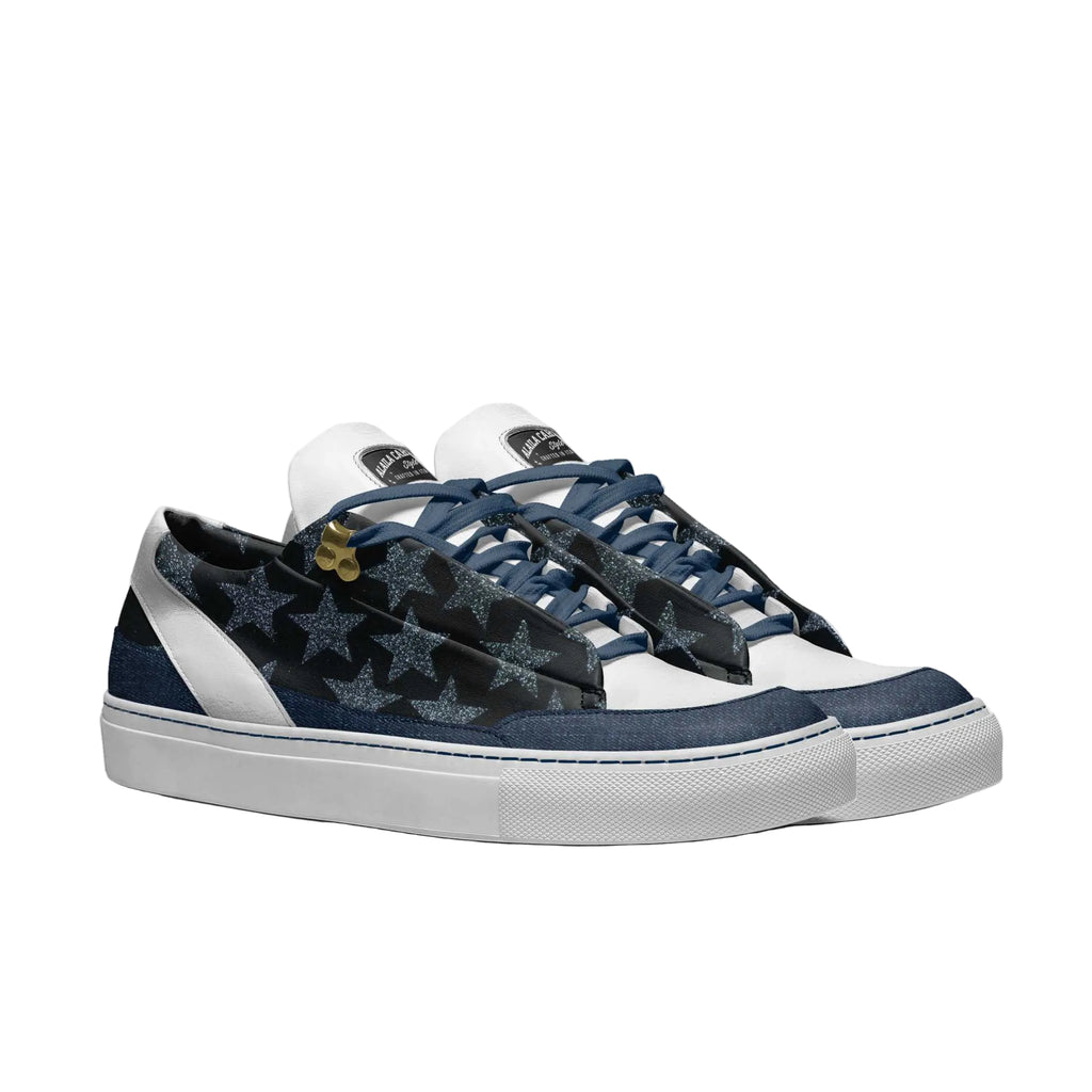 Minimal low-top sneaker with glitter star print, denim & white panels, Italian-crafted upper, metallic eyelets, and retro rubber cup sole.

low top sneakers, glitter star sneakers, denim white sneakers, Italian crafted sneakers, minimalist sneakers, retro sport shoes, big size sneakers, men women sneakers, casual fashion sneakers