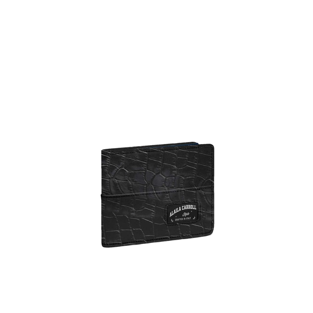 Minimal designer luxe wallet in black croc and ocean blue

Slim luxury wallet with card slots and coin clip by Alaila Carroll Style

Elegant leather wallet with prominent logo and contrast interior
