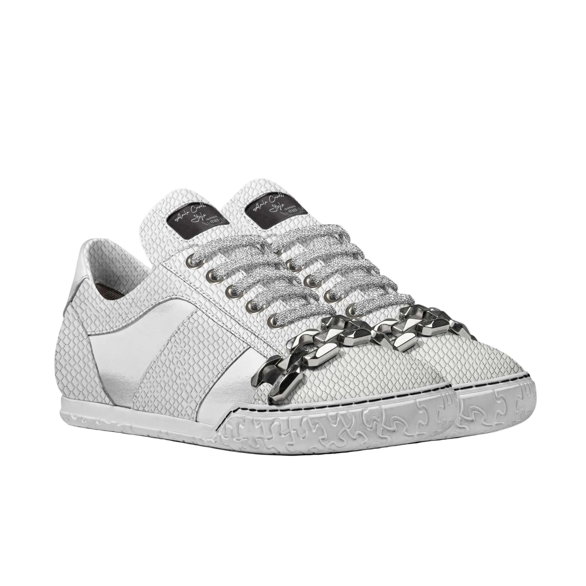 Upgrade your street style with the Minimal Metal Low Top Sneaker in white. Crafted from Italian materials with chunky chain detail, ergonomic fit, and lightweight rubber sole.
minimal low top sneakers, designer chain sneakers, white fashion sneakers, Italian material shoes, modern streetwear sneakers, unisex low top sneakers, lightweight casual shoes, statement sneakers, luxury casual footwear, contemporary designer shoes