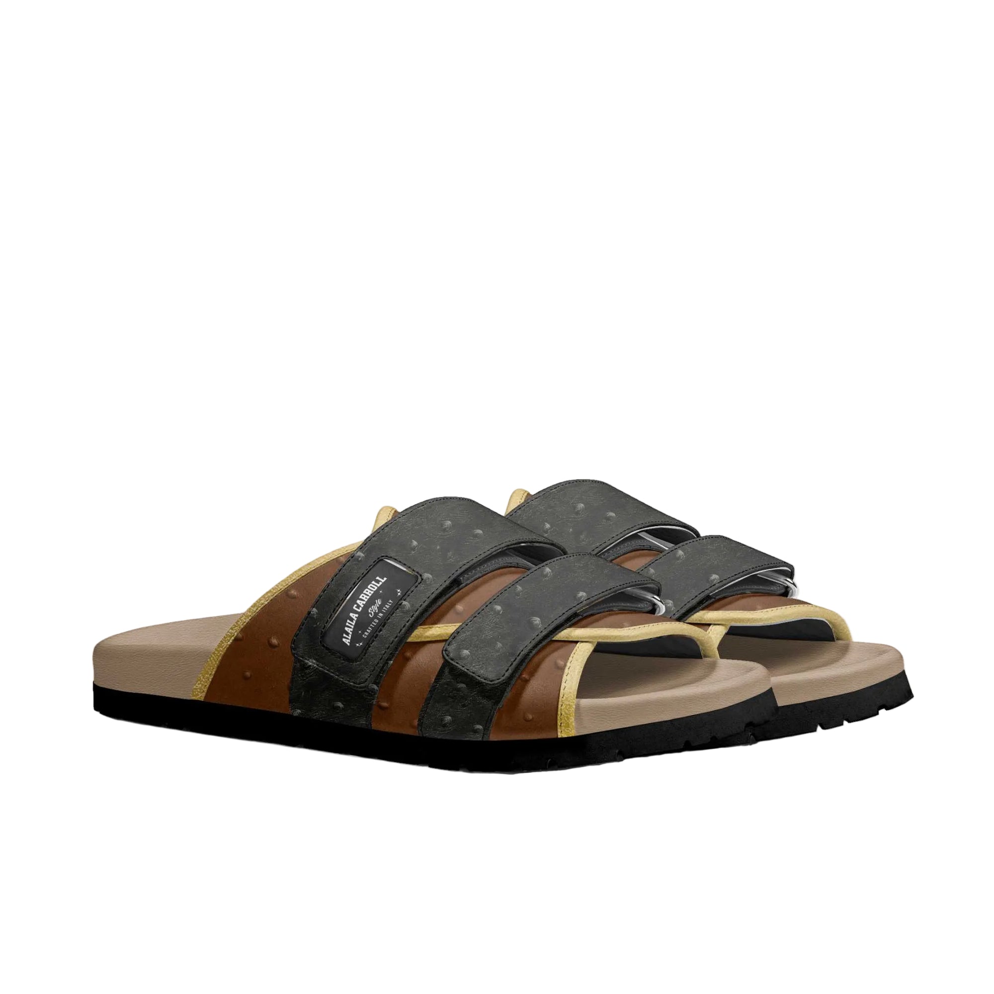 Shop the Multi Stripe Fashion Sandal Black & Brown Ostrich with Gold Trim by Alaila Carroll Style. Featuring adjustable straps, premium materials, customizable logo detail, and a comfortable Vibram sole.
multi stripe fashion sandals
black and brown sandals
ostrich print sandals
gold trim designer sandals
luxury casual sandals
Vibram sole sandals
designer summer sandals
Alaila Carroll Style sandals
premium fashion sandals
comfortable luxury sandals
men and women designer sandals
urban fashion sandals