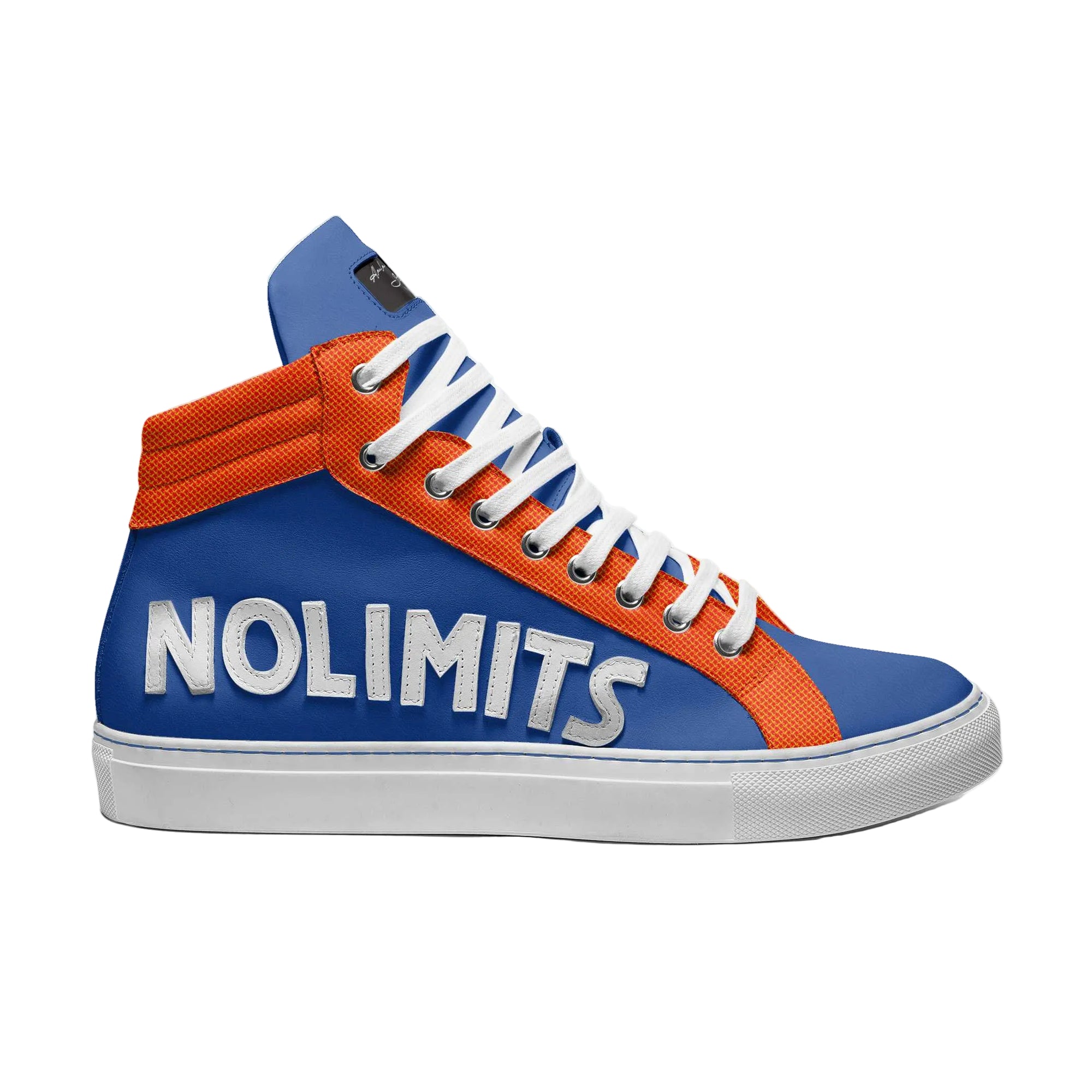 Blue and orange high-top sneaker with padded collar, “No Limits” embossing, oversized tongue, and comfort fit for bold everyday style.

high top sneakers, blue, orange sneakers, streetwear shoes, unisex sneakers, customizable