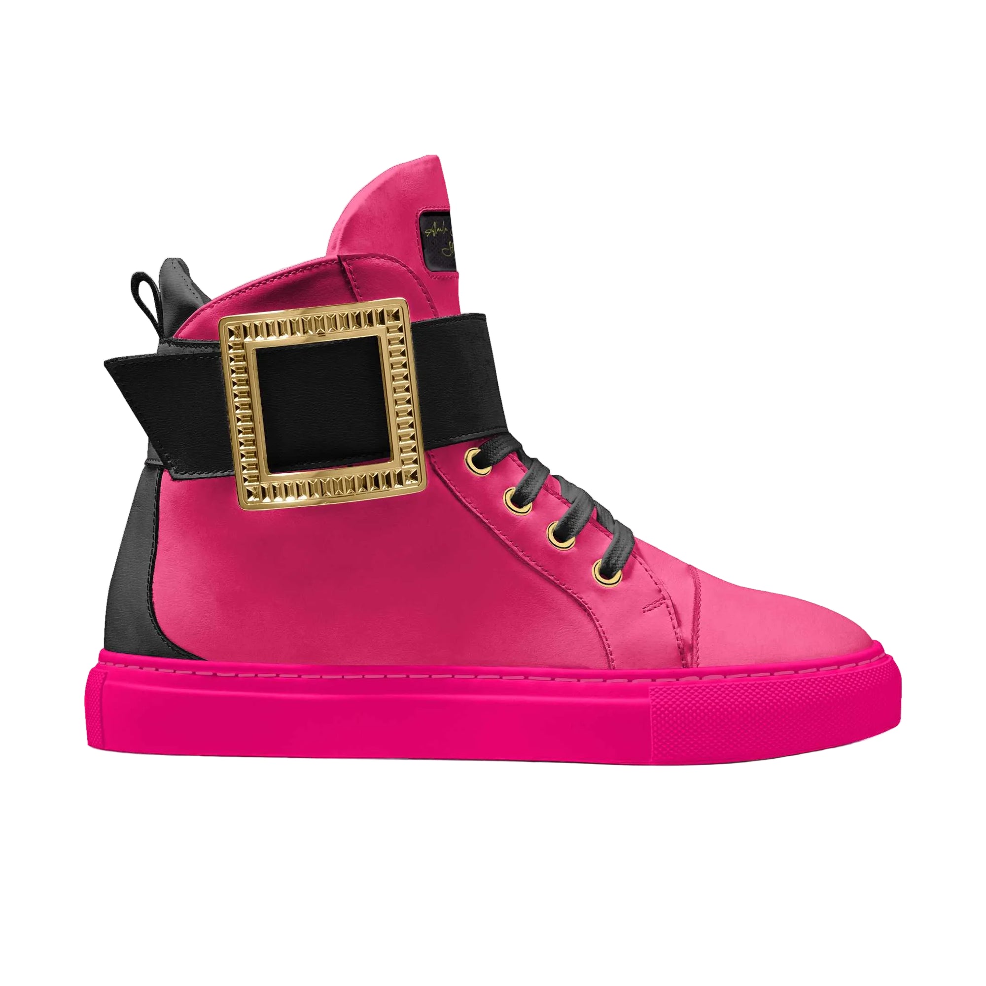 Step into bold luxury with the Pink Luxe High-Top Sneaker. Basketball-inspired design with monk strap, premium Italian materials, and cushioned rubber sole for comfort and style.

pink high-top sneakers
luxury high-top shoes
designer basketball sneakers
monk strap sneaker
Italian material sneakers
fashion high-top shoes
premium streetwear sneakers