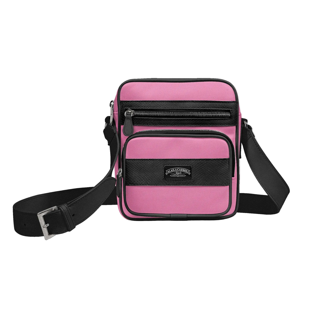 Shop the Textile Pink & Python Print Black Cross-Body Designer Shoulder Bag by Alaila Carroll Style. Features three zippered pockets, a fine Italian shoulder strap, and premium interior finishes in a unisex design.