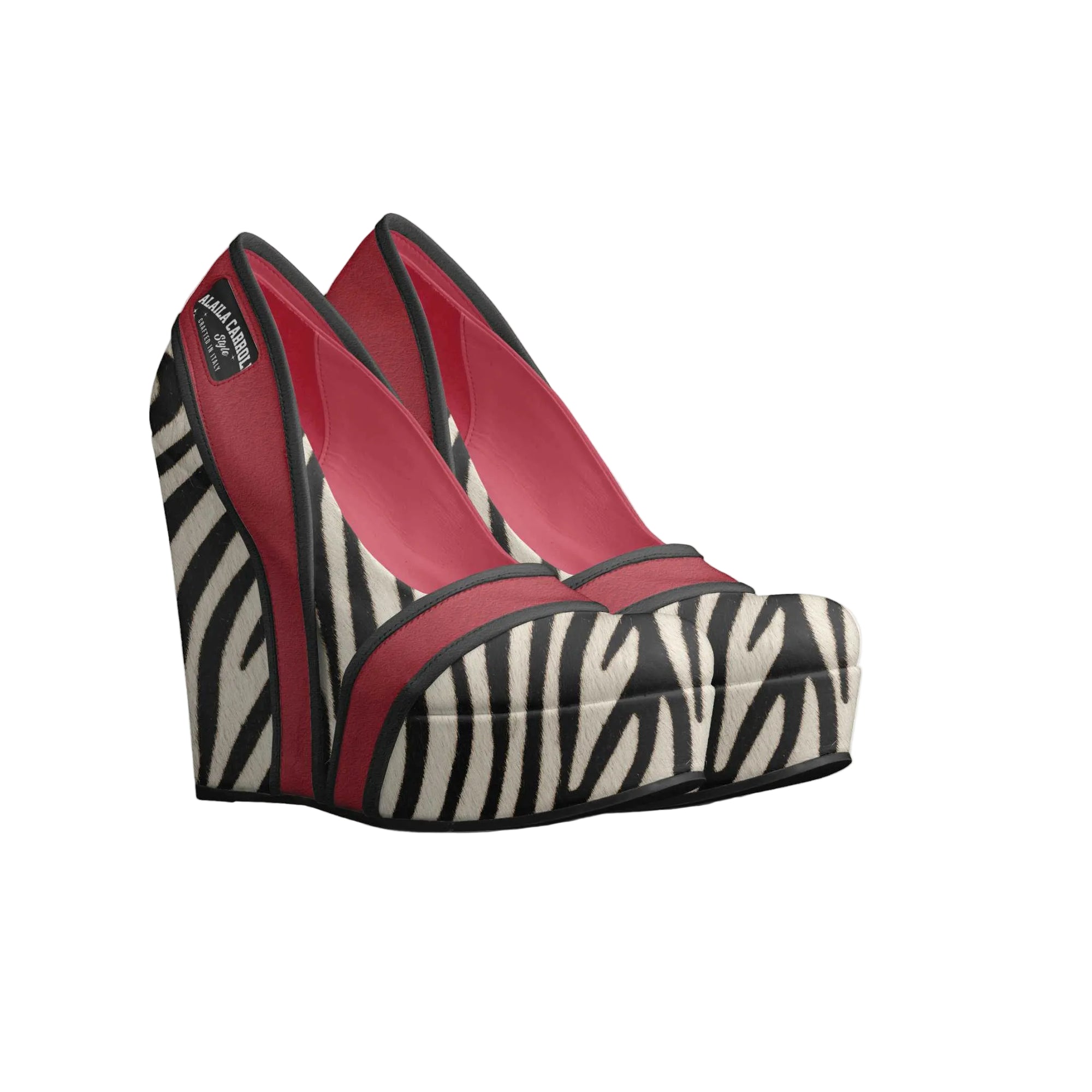 Bold zebra platform pump with red and black accents, customizable stripes, and a striking 5-inch wedge heel inspired by London and Paris fashion.

platform pump heels, zebra print pumps, wedge platform heels, statement heels for women, fashion platform shoes, designer style pumps, bold women’s footwear, avant-garde heels, striped platform pumps, unique high heel shoes