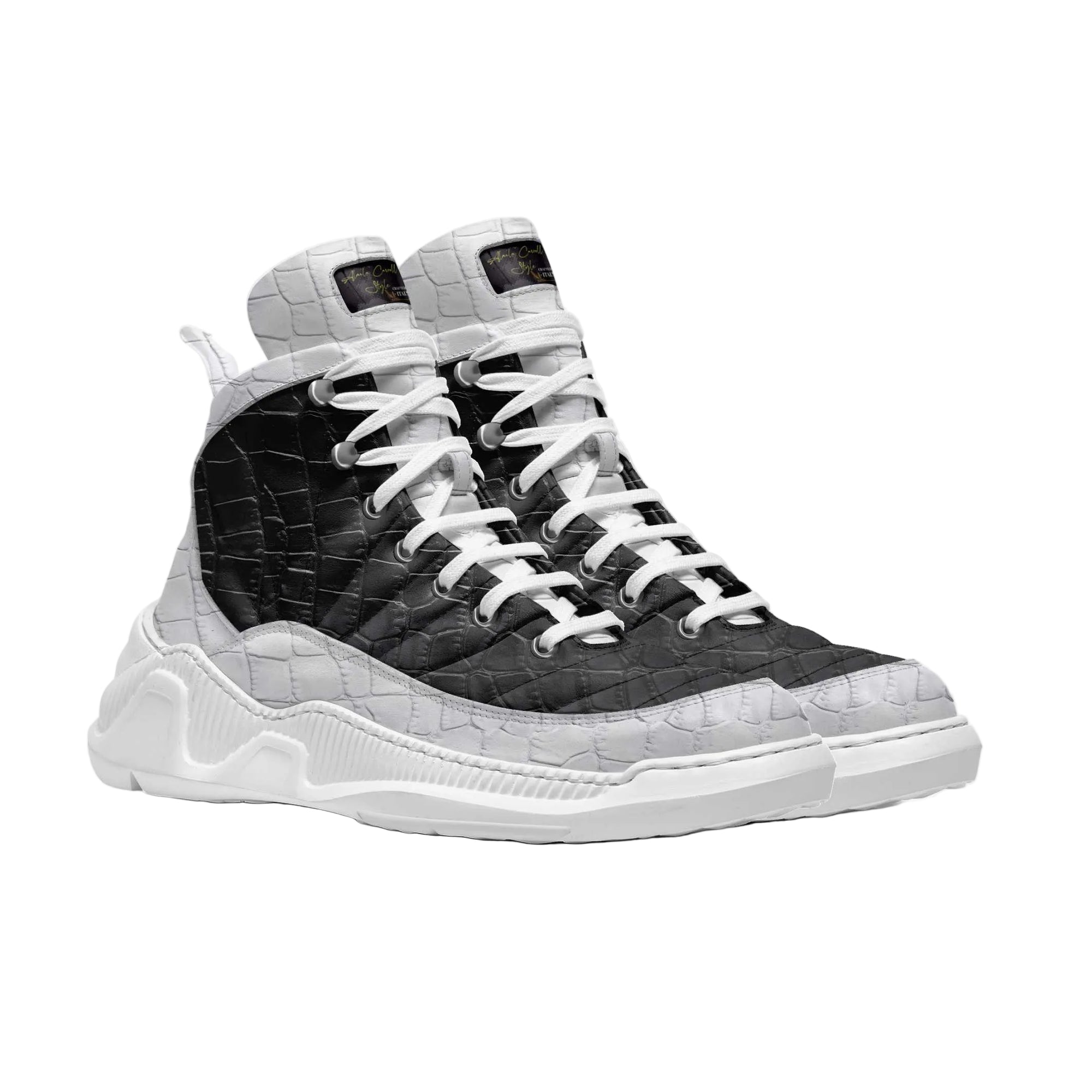 Shop the Retro Basket Design Black & White high-top sneaker with metallic hooks, padded tongue, and embossed Italian materials for bold street style.
retro high top sneakers
black and white designer sneakers
basket style sneakers
fashion high top shoes
Italian material sneakers
urban street sneakers
metal hook sneakers
luxury casual sneakers
statement sneakers
Alaila Carroll Style shoes
