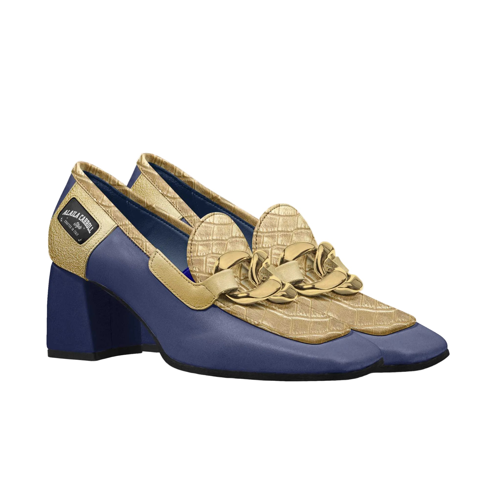 Retro luxury heel in navy and gold with ribbon detail, square heel, and Italian craftsmanship for elegant everyday or evening wear.

retro heel shoes, navy and gold heels, designer women’s heels, Italian made shoes, classic luxury footwear, square heel pumps, elegant women’s shoes