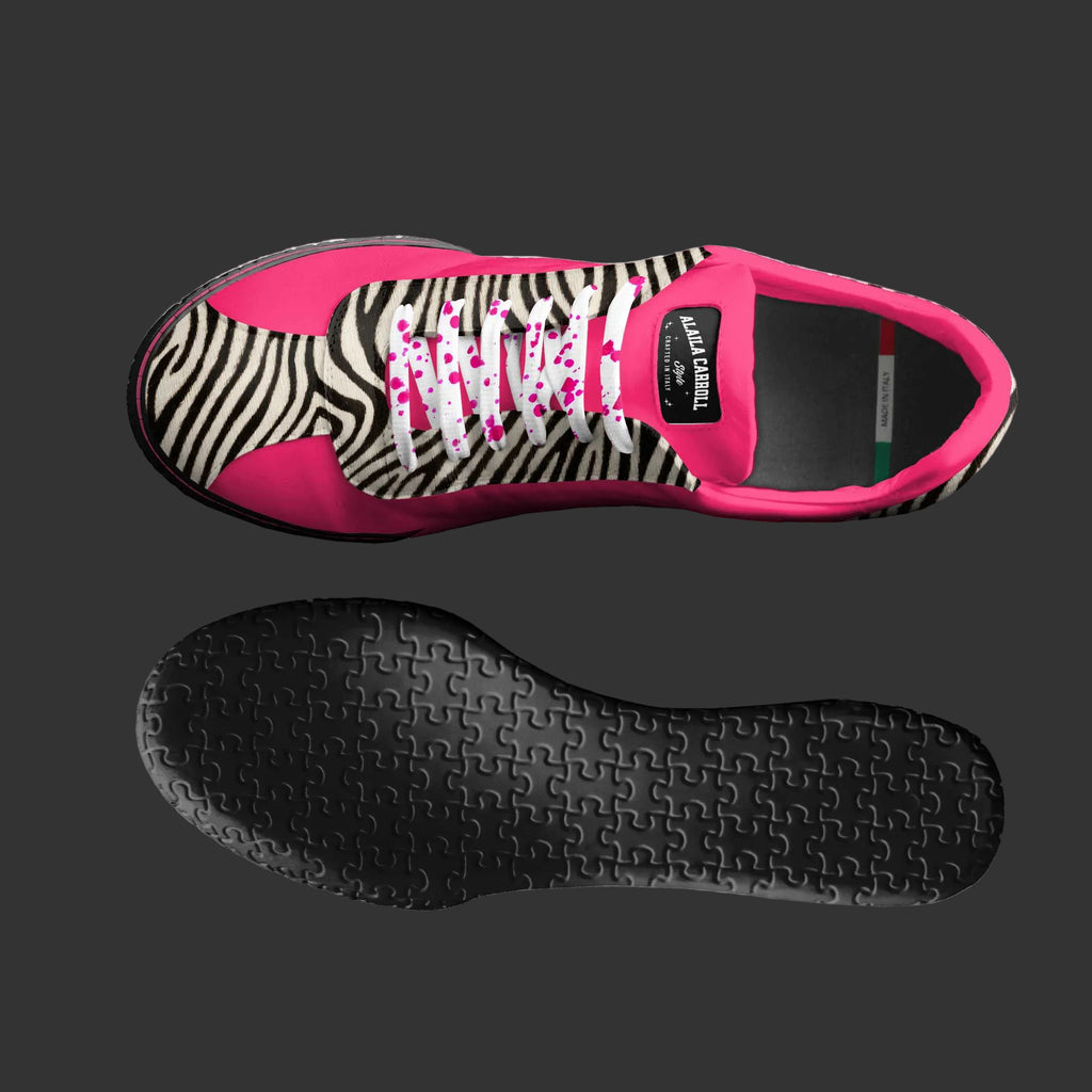 Pink and zebra-patterned sneaker with a visible brand logo on a white background