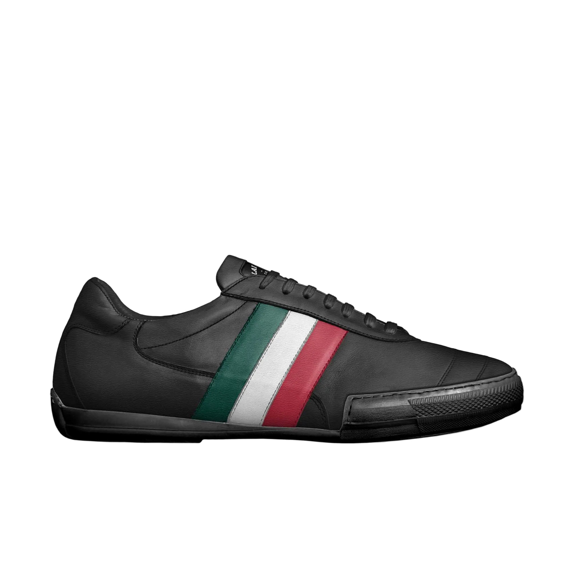 Shop the Soccer Style Stripe Sneaker in Black, White, Red & Green. Indoor soccer-inspired footwear with premium comfort, durability, and style. Soccer Style Stripe Sneaker in Black, White, Red and Green featuring a customizable three-stripe flag design, reinforced heel and toe guards, premium materials, and luxury athletic styling for men.