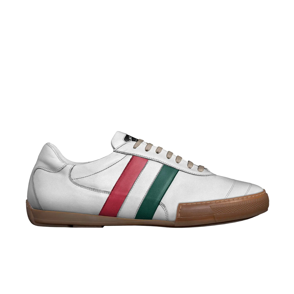 Shop the Soccer Style Stripe Sneaker in White, Red & Green. Indoor soccer-inspired design with heel protection, premium materials, and all-day comfort. Soccer Style Stripe Sneaker in White, Red and Green featuring a three-stripe flag design, durable heel and toe guards, premium materials, and athletic-inspired luxury styling for men.