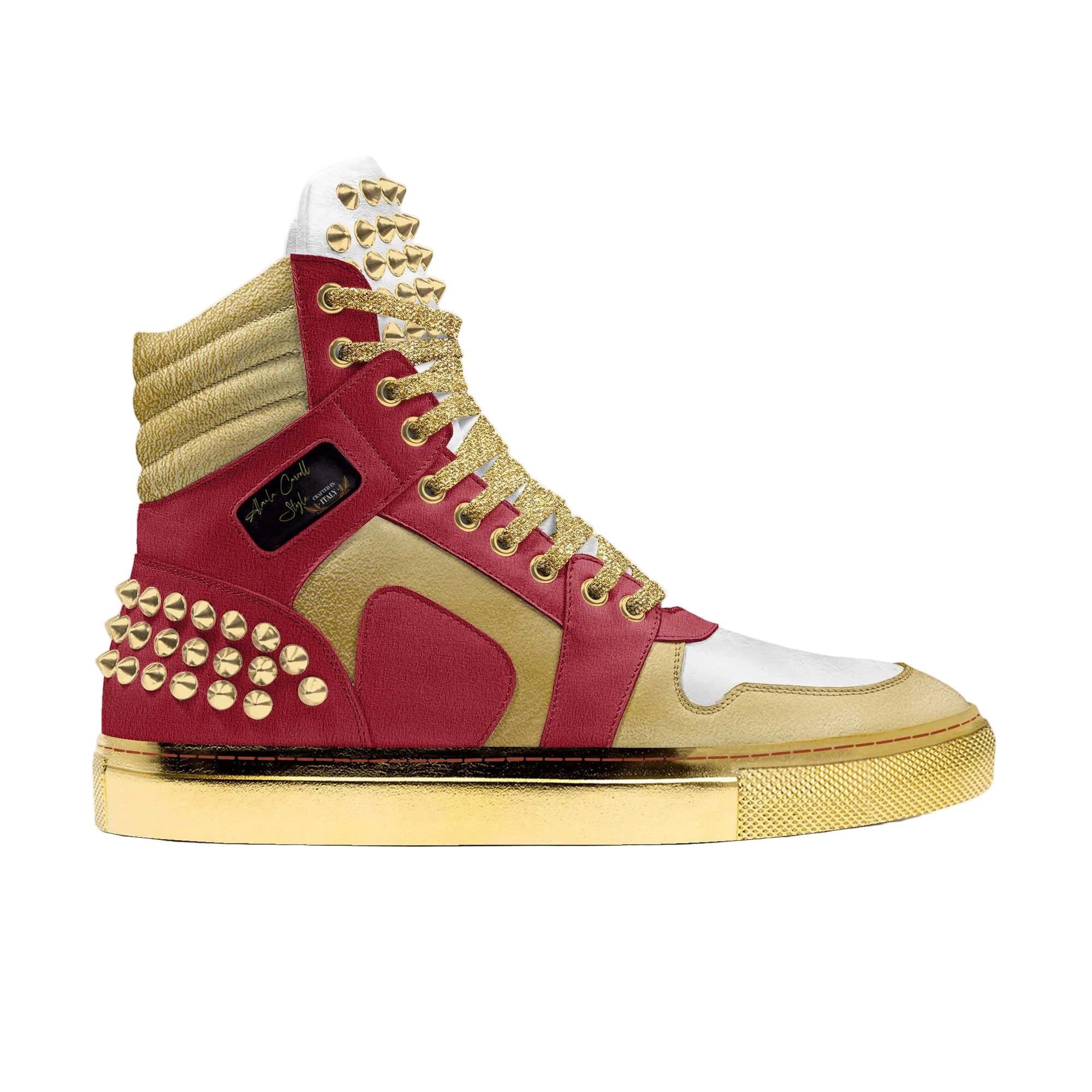 Rock bold style with the Spike Fashion High Top Red, White & Gold sneaker by Alaila Carroll Style. Features metallic spikes, oversized tongue, padded collar, and logo panel—perfect for statement looks.
high top sneakers red white gold
Alaila Carroll Style high tops
luxury spike sneakers
rock style high-top shoes
oversized tongue sneakers
padded ankle collar shoes
metallic spike sneakers
designer streetwear sneakers
big size sneakers for men
fashion sneakers for women