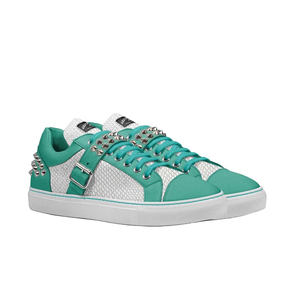 Shop Spike Fashion Low Top sneakers in Aquatic, White Python & Silver. Featuring metal spikes, buckle detail, lace-up front, and bold designer style.

spiked low top sneakers
rock style sneakers
designer streetwear shoes
metal spike sneakers
python print sneakers
bold fashion footwear
men’s and women’s statement sneakers