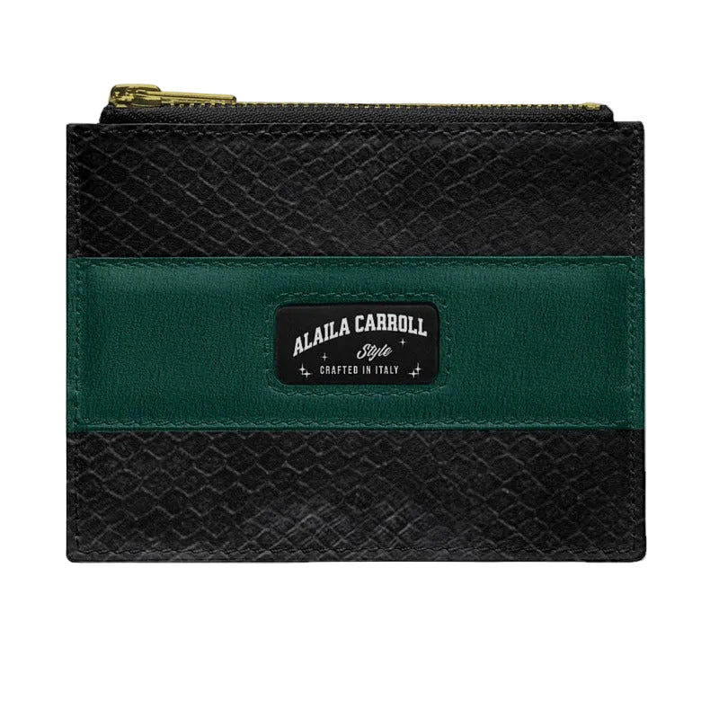 Luxury stripe zip designer purse in serpentine suede and black python

Slimline luxury cardholder with metal zip and embossed logo

Designer zip purse with eco leather interior by Alaila Carroll Style