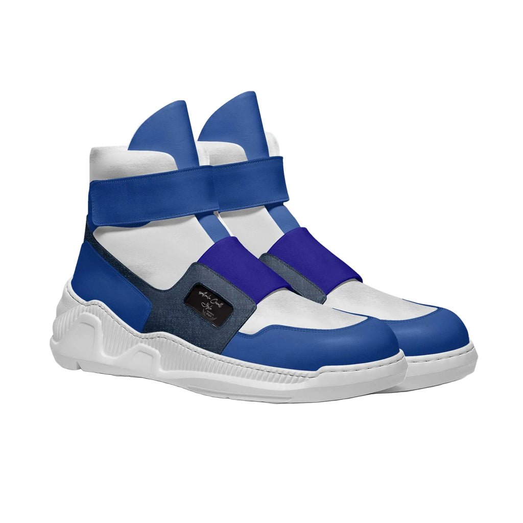 Shop Tactical Strap Boots in blue, white & denim featuring chunky sculpted sole, slip-on design with elastic band, Italian material inserts, logo detail, and maxi hook-and-loop closures for custom fit.

tactical strap sneakers
high top streetwear sneakers
chunky sneakers
blue white denim sneakers
unisex fashion sneakers
Italian material sneakers
hook and loop closure sneakers
urban style footwear
statement sneakers for men
statement sneakers for women