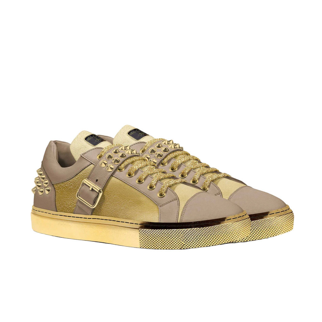 Make a bold fashion statement with the Tan & Gold Spike Fashion Low Top by Alaila Carroll Style. Featuring gold spikes, metal buckle accents, premium materials, and signature designer branding, these luxury sneakers combine edgy rock style with timeless street fashion.

designer spike sneakers
luxury spike sneakers
gold spike fashion sneakers
rock style sneakers
tan designer low top sneakers
luxury streetwear shoes
designer fashion sneakers
Alaila Carroll Style sneakers
high fashion sneakers
p