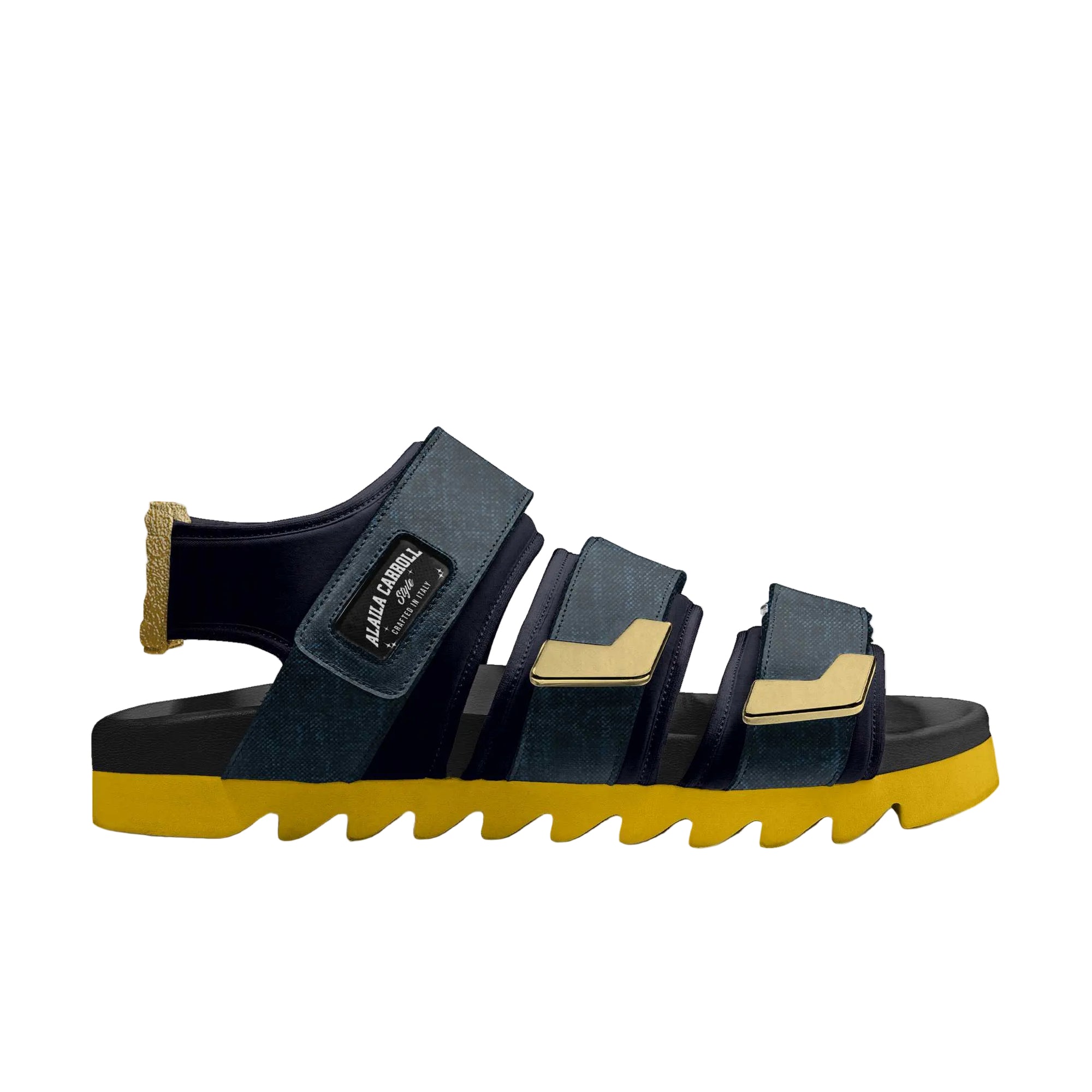 Luxury triple-strap sandal in navy, gold, and yellow with logo detail, metallic accents, and EVA sole for comfort and durability.

luxury sandals, designer slide sandal, triple strap sandal, navy gold yellow sandal, unisex fashion sandal, EVA sole sandal, stylish summer footwear