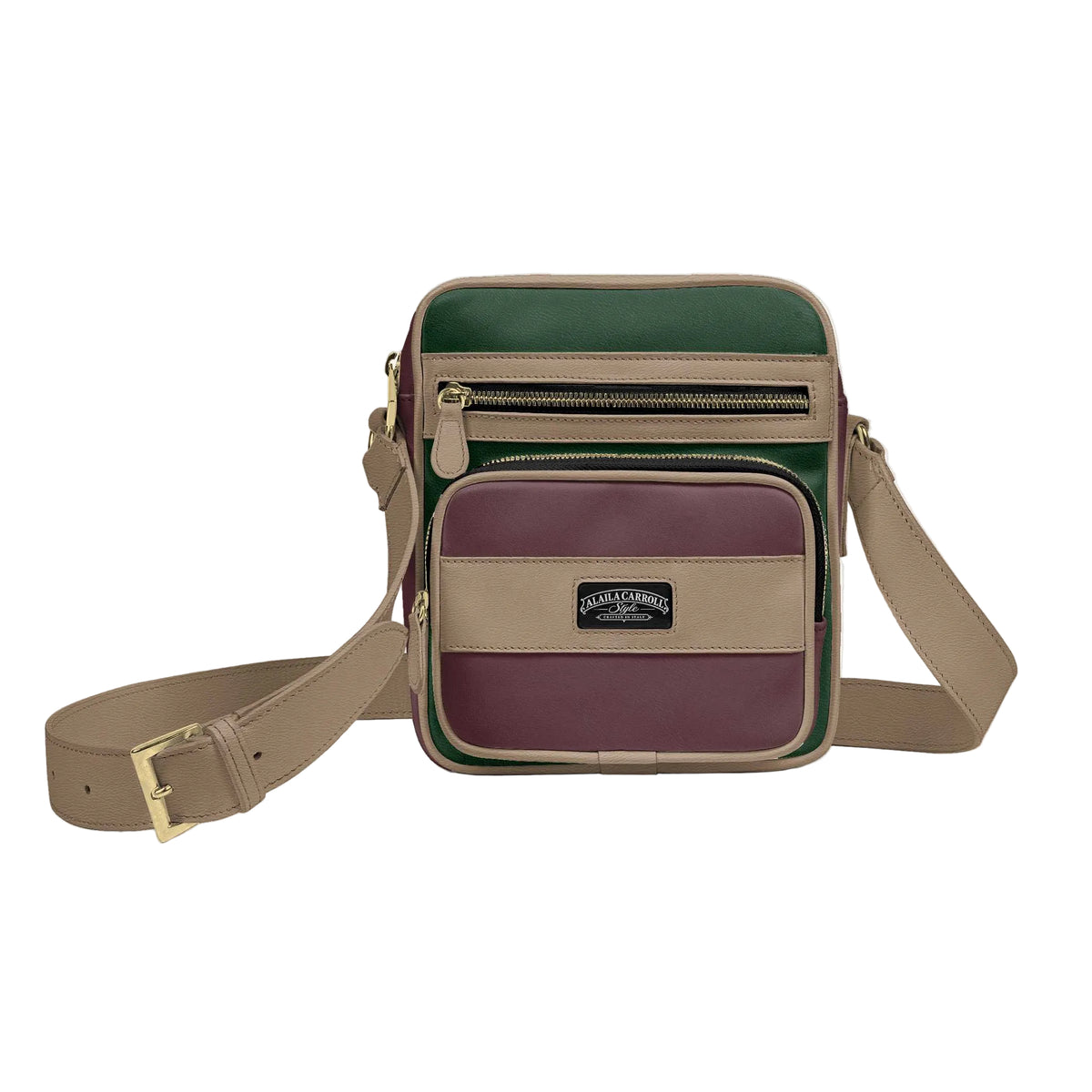 Shop the Cross-Body Designer Shoulder Bag in Wine, Mouton, Serpentine & Black by Alaila Carroll Style. Features three zippered pockets, a fine Italian shoulder strap, and premium interior finishes.