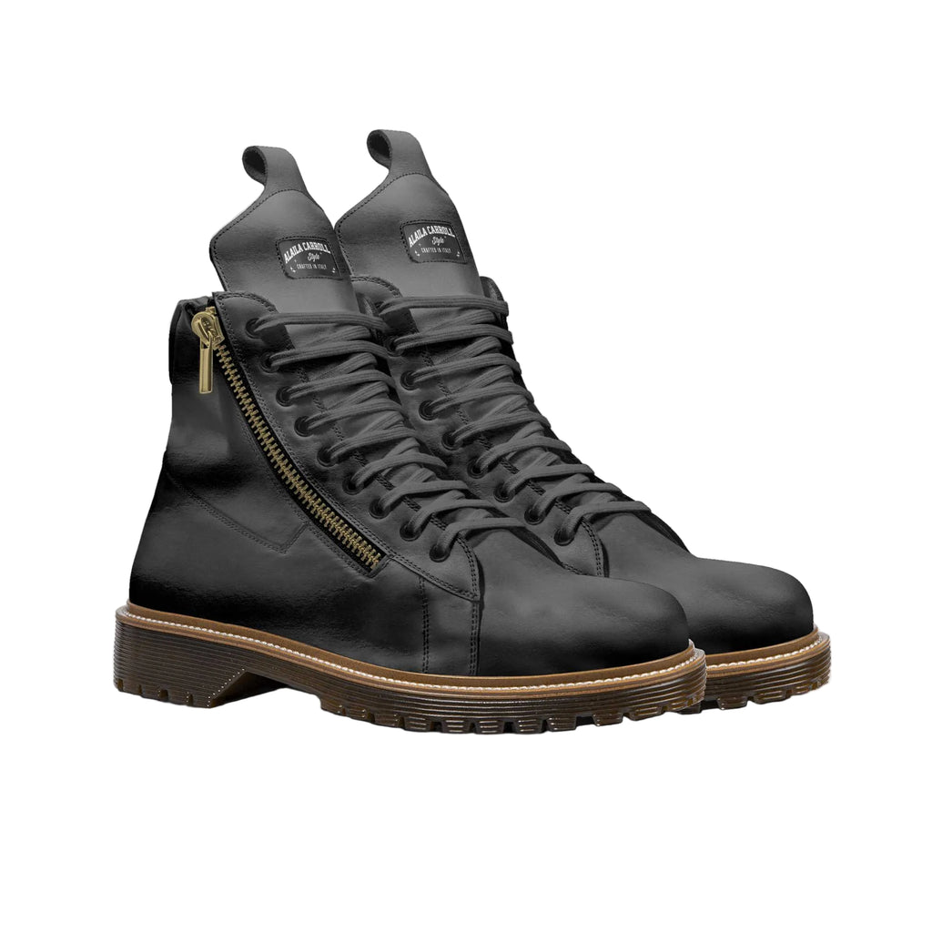 Black high-top zip boot with metal zippers, rubber sole, oversized tongue, and logo detail for bold unisex streetwear style.

black high-top boots, zip boots for men and women, designer combat boots, sporty high-top boot, unisex fashion boots, streetwear boots, luxury urban footwear, modern zip boots