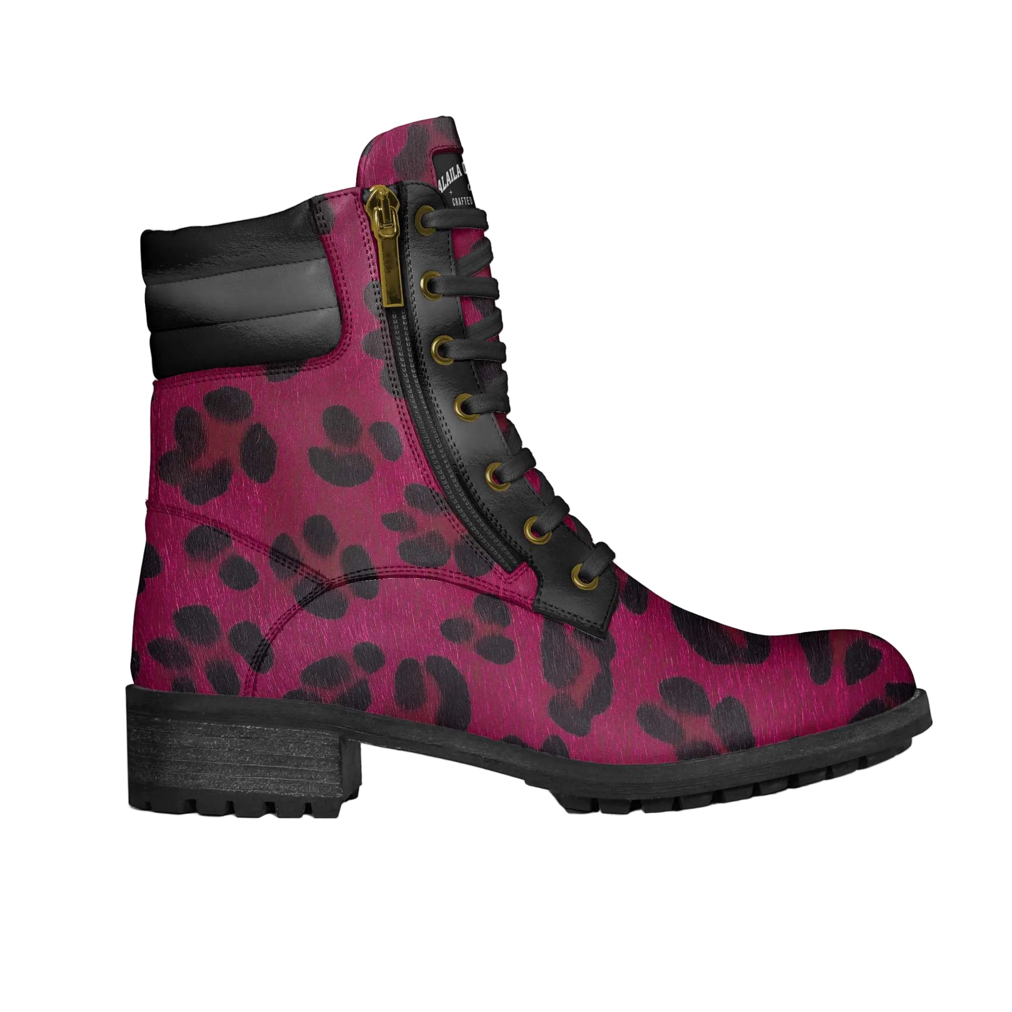 Bold purple jaguar print combat boot with rugged sole and 5-cm heel. Side zip closure, embossed details, and premium materials for standout style. 

purple jaguar print boots, women’s combat boots, luxury military boots, statement ankle boots, side zip combat boots, designer women's boots, edgy fashion boots, urban style footwear