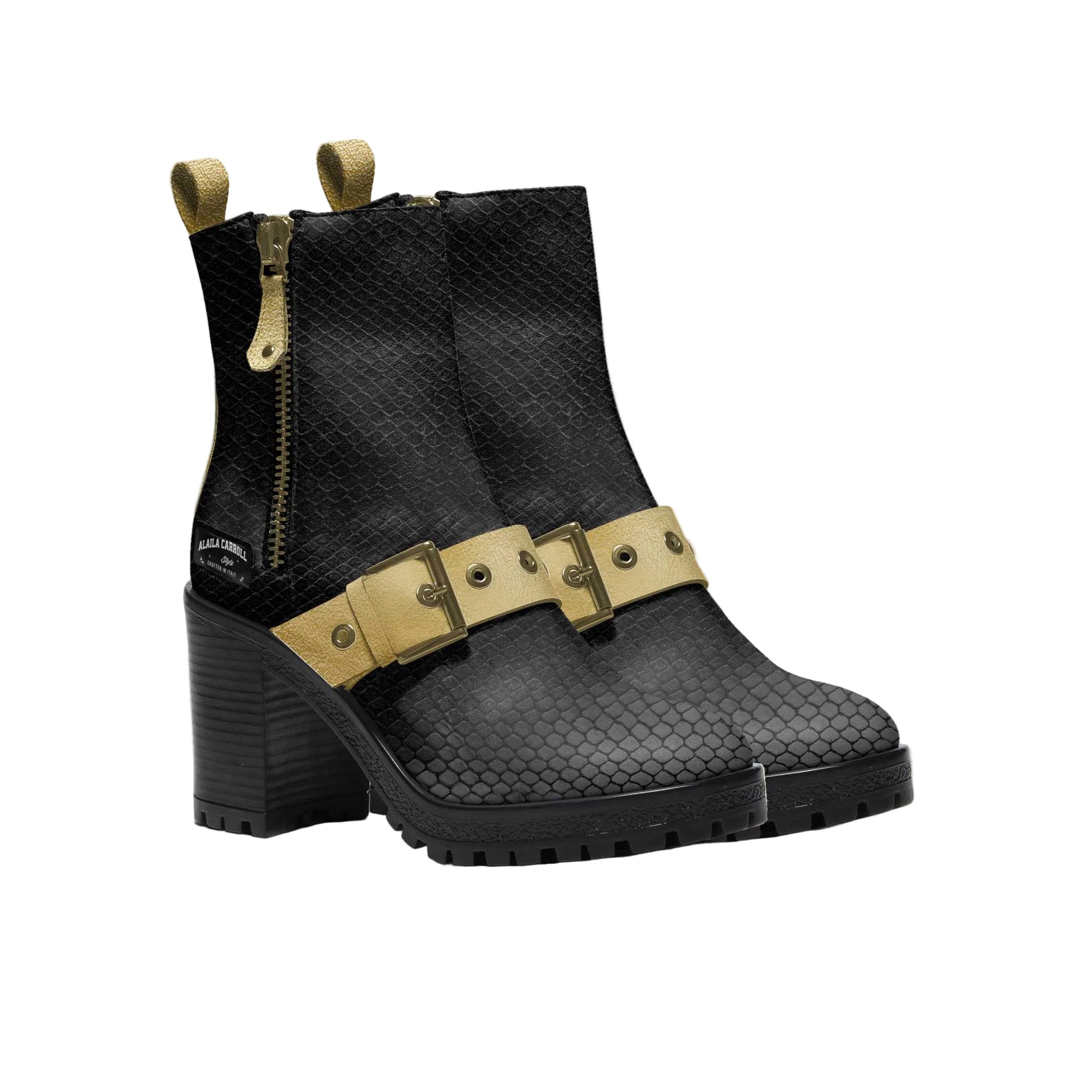 Python print ankle boot in black and gold with zip closure and sporty combat style. Bold women’s fashion boot for statement outfits.

python print boots, black and gold ankle boots, women combat boots, zippered fashion boots, sporty ankle boots, statement boots for women, luxury combat style boots, edgy women footwear